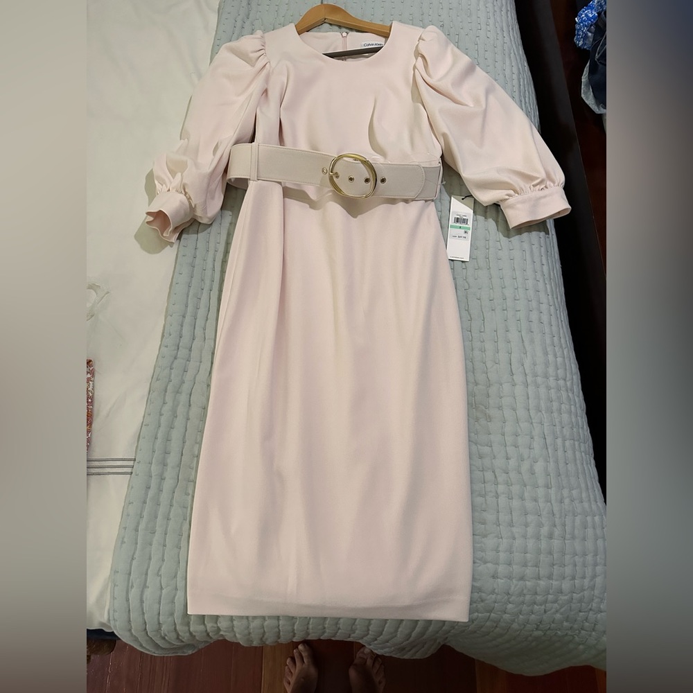 Blush color, belted, classy business style dress; knee to midi length, NWT, 8